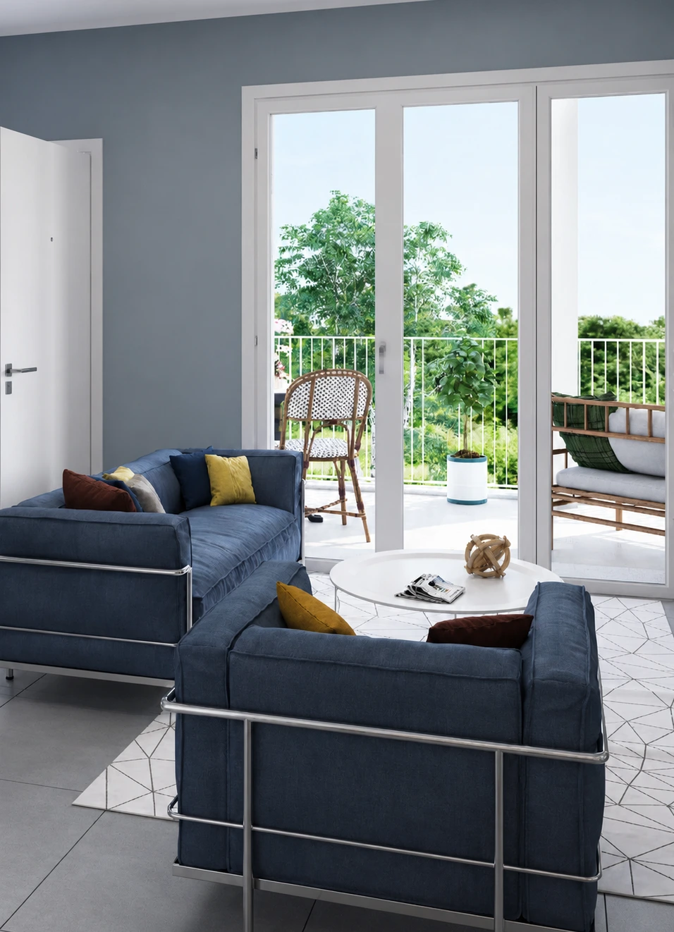 Render interno soggiorno con loggia