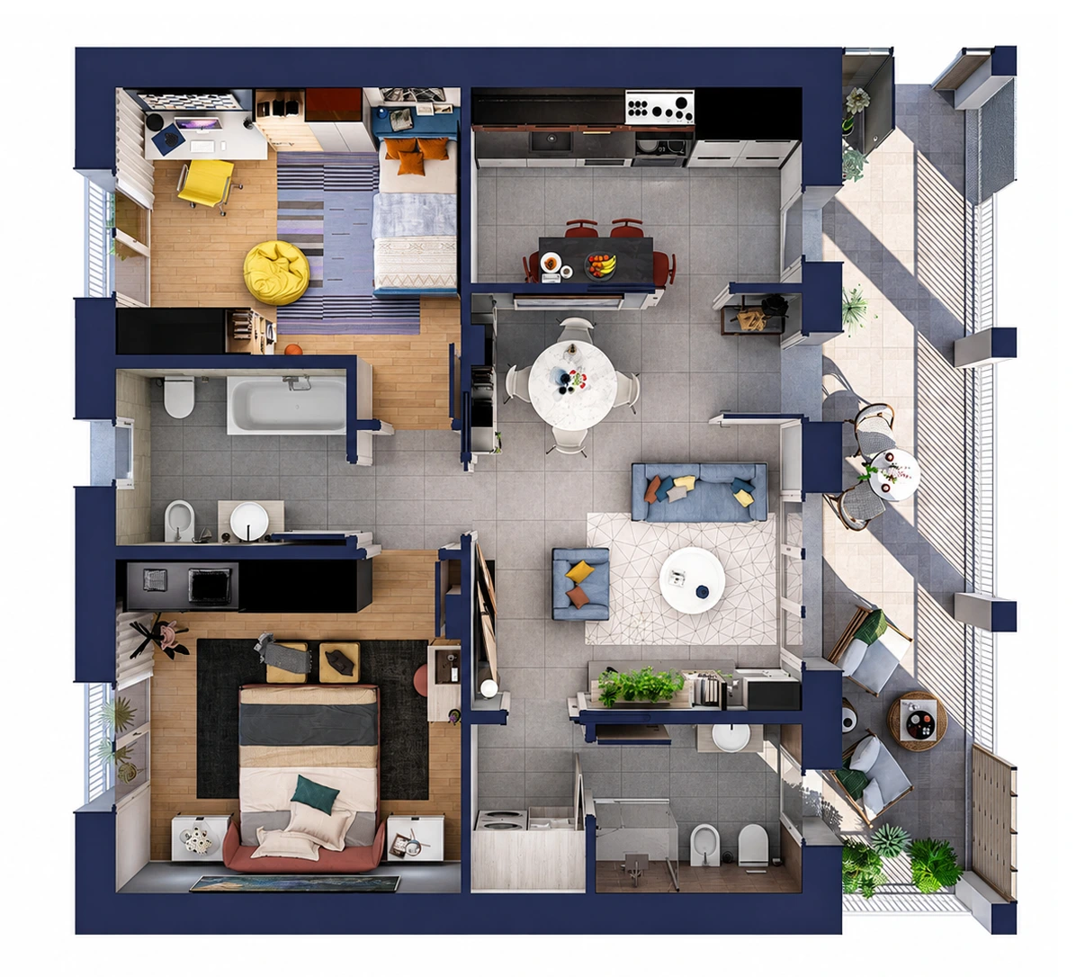 Planimetria 3D trilocale arredato